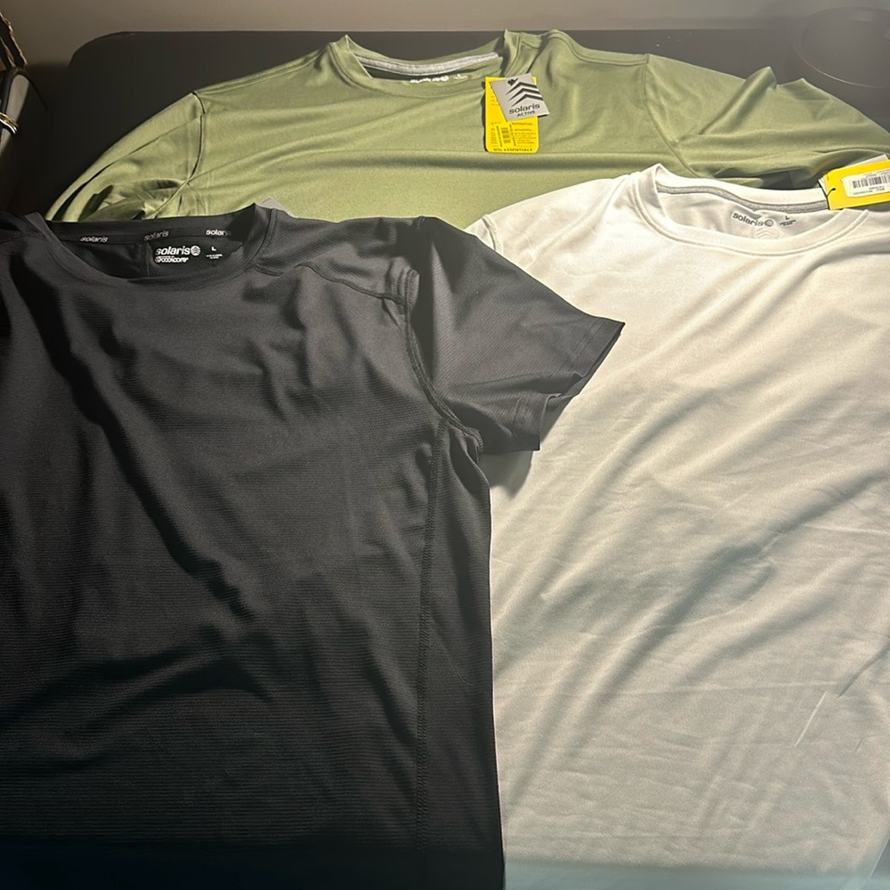 Set of 3 NEW Men’s Solaris active wear shirts. Size Large